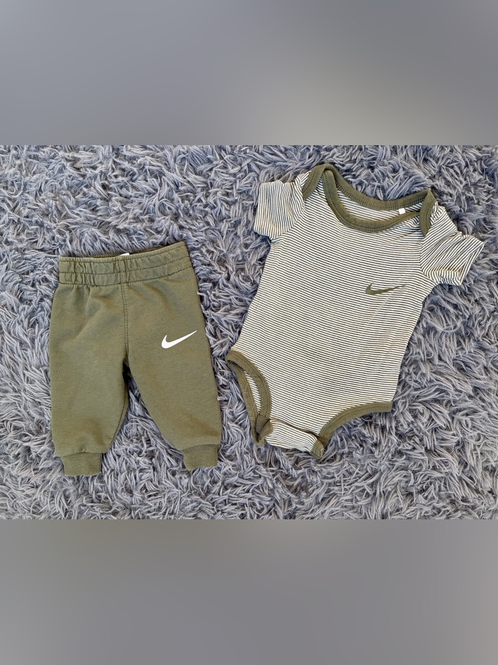 Nike Olive Green Striped Baby boy newborn onsie with matching Jogger Pants set